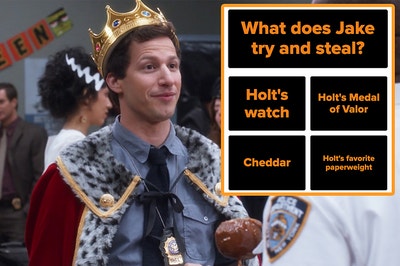 Jake from Brooklyn Nine-Nine wearing a robe and a crown with a screenshot of the question what does Jake try and steal