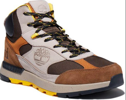 the brown, cream, yellow, and orange mid boots