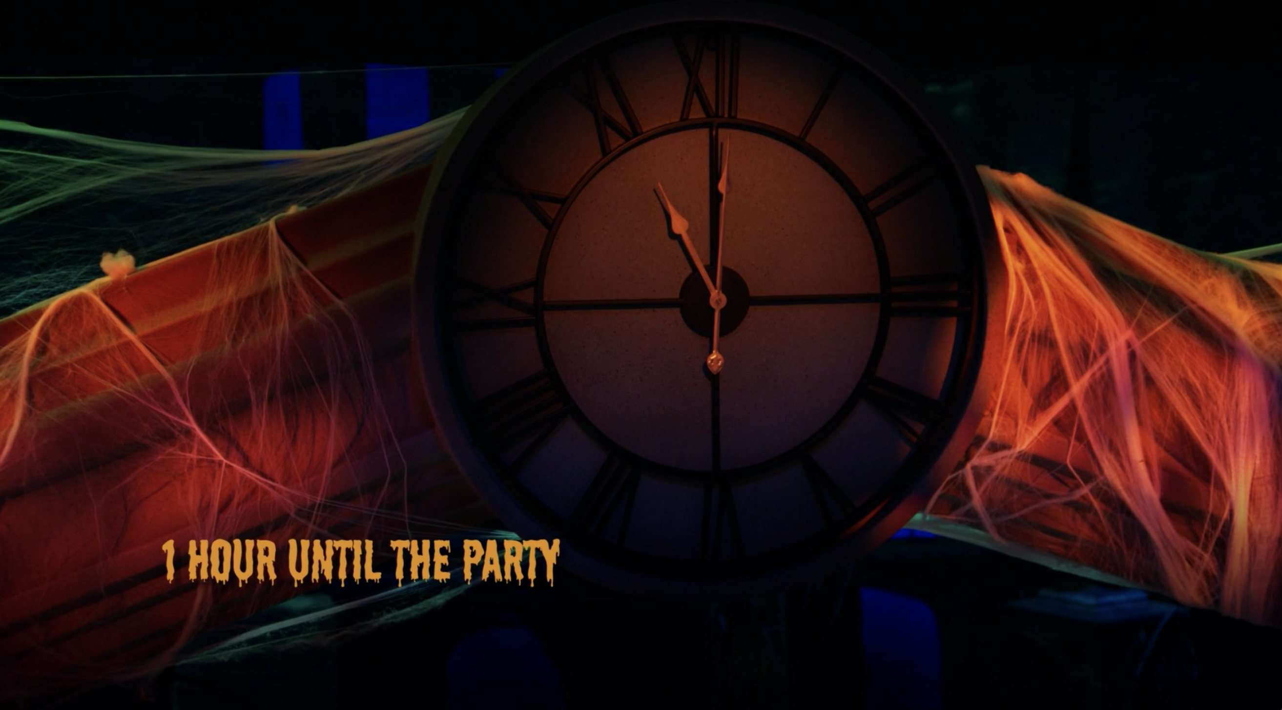 giant clock and text says &#x27;1 hour until the party&#x27;