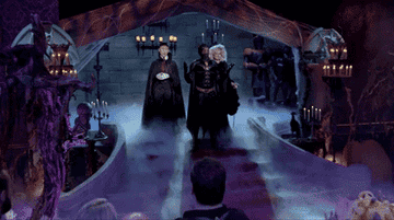 snoop in snoop bat costume, alvin as vampire and martha in wig and robe