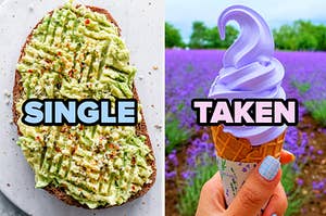 On the left, a slice of avocado toast labeled single, and on the right, someone holding a lavender soft serve cone labeled taken