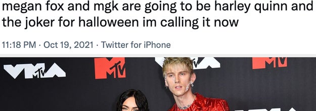 a tweet reads megan fox and machine gun kelly are going to be harley quinn and the joker for halloween I'm calling it