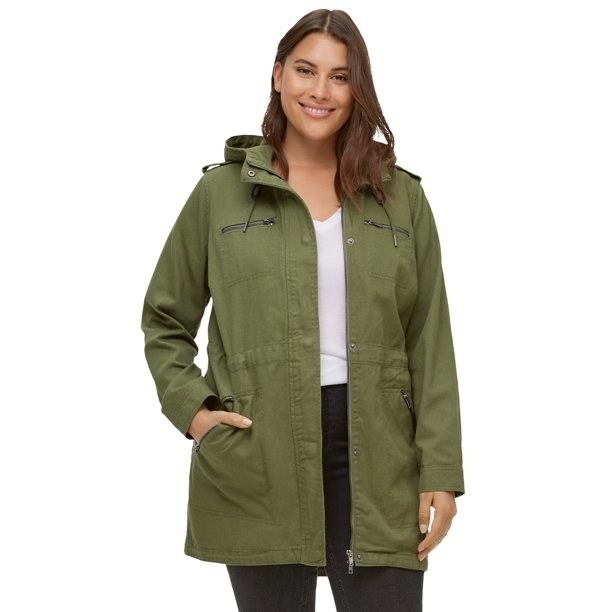 A green hooded anorak jacket