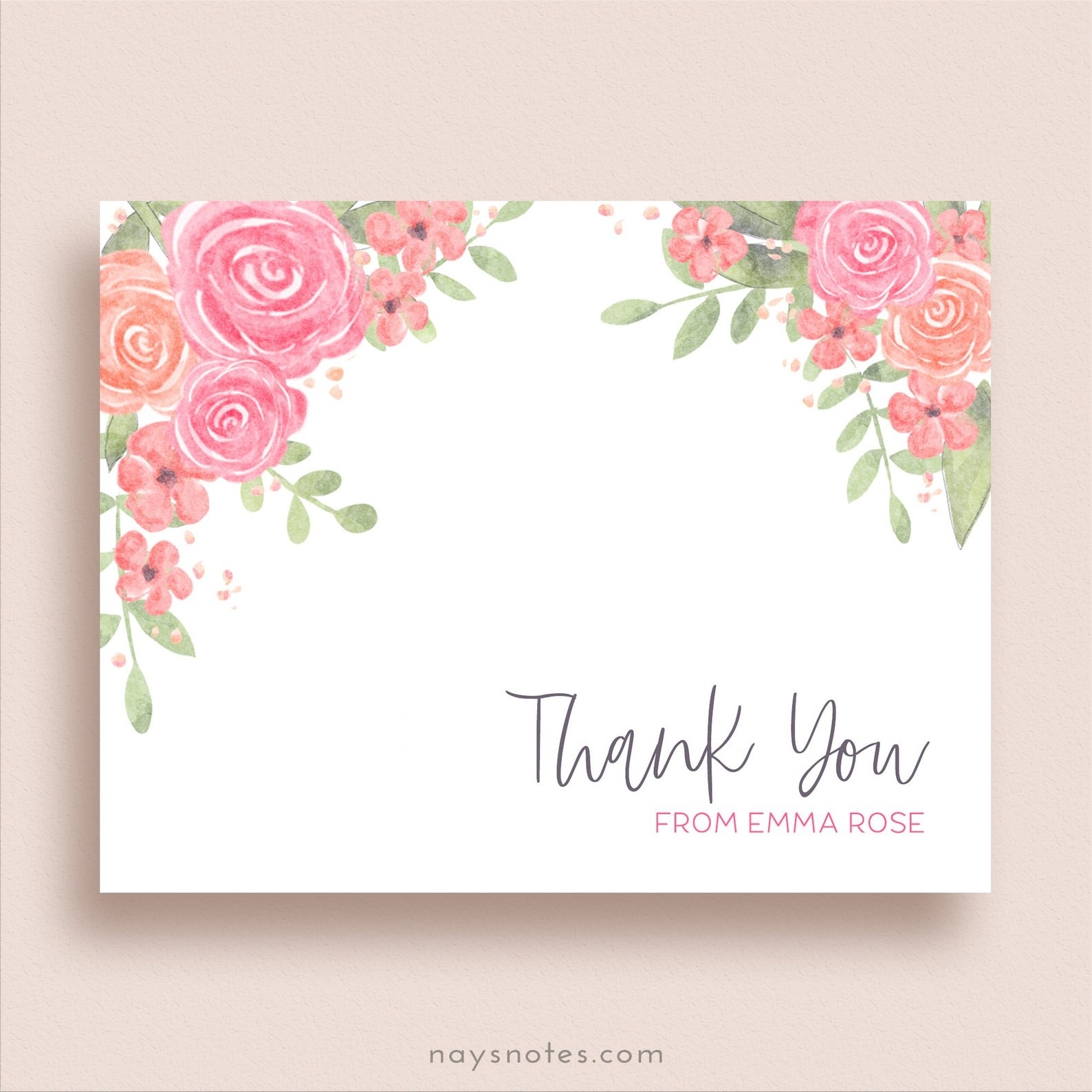 A note card with a rose floral design and the words, "Thank you from Emma Rose"