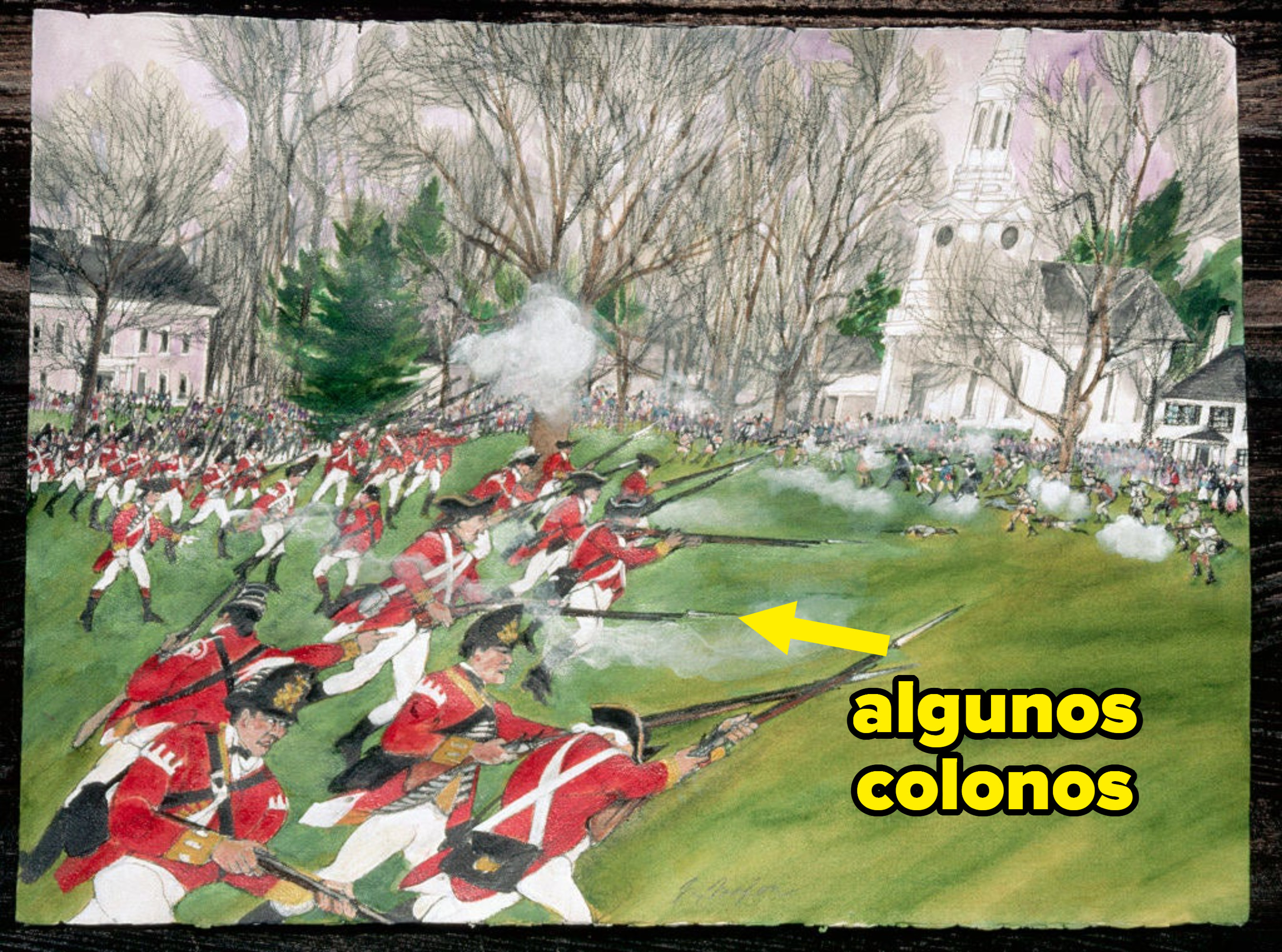 battle in revolutionary war with redcoats labeled &quot;some colonists&quot;