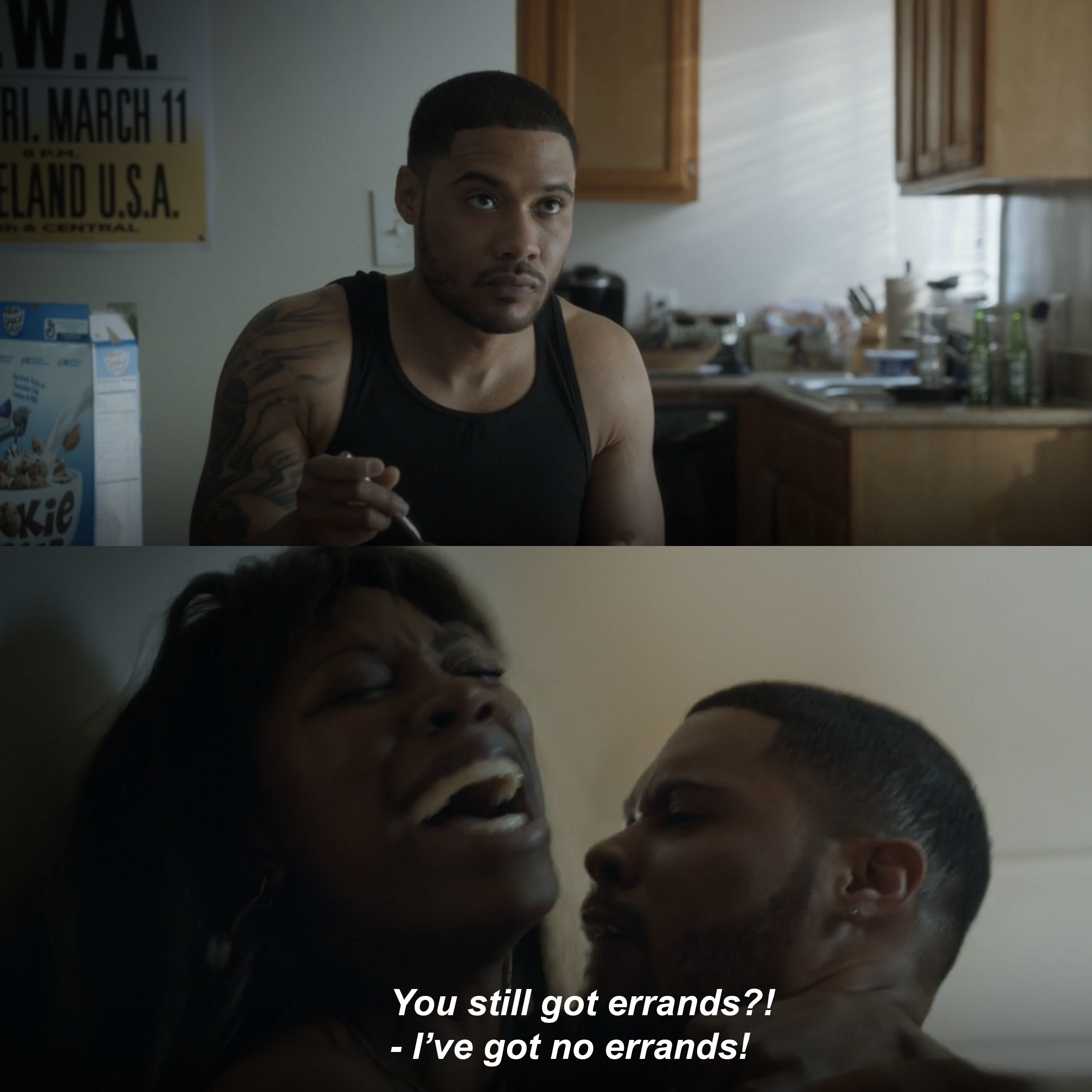 Langston Kerman as Jared eats Cookie Crisp cereal before screwing Molly against the wall in &quot;Insecure&quot;