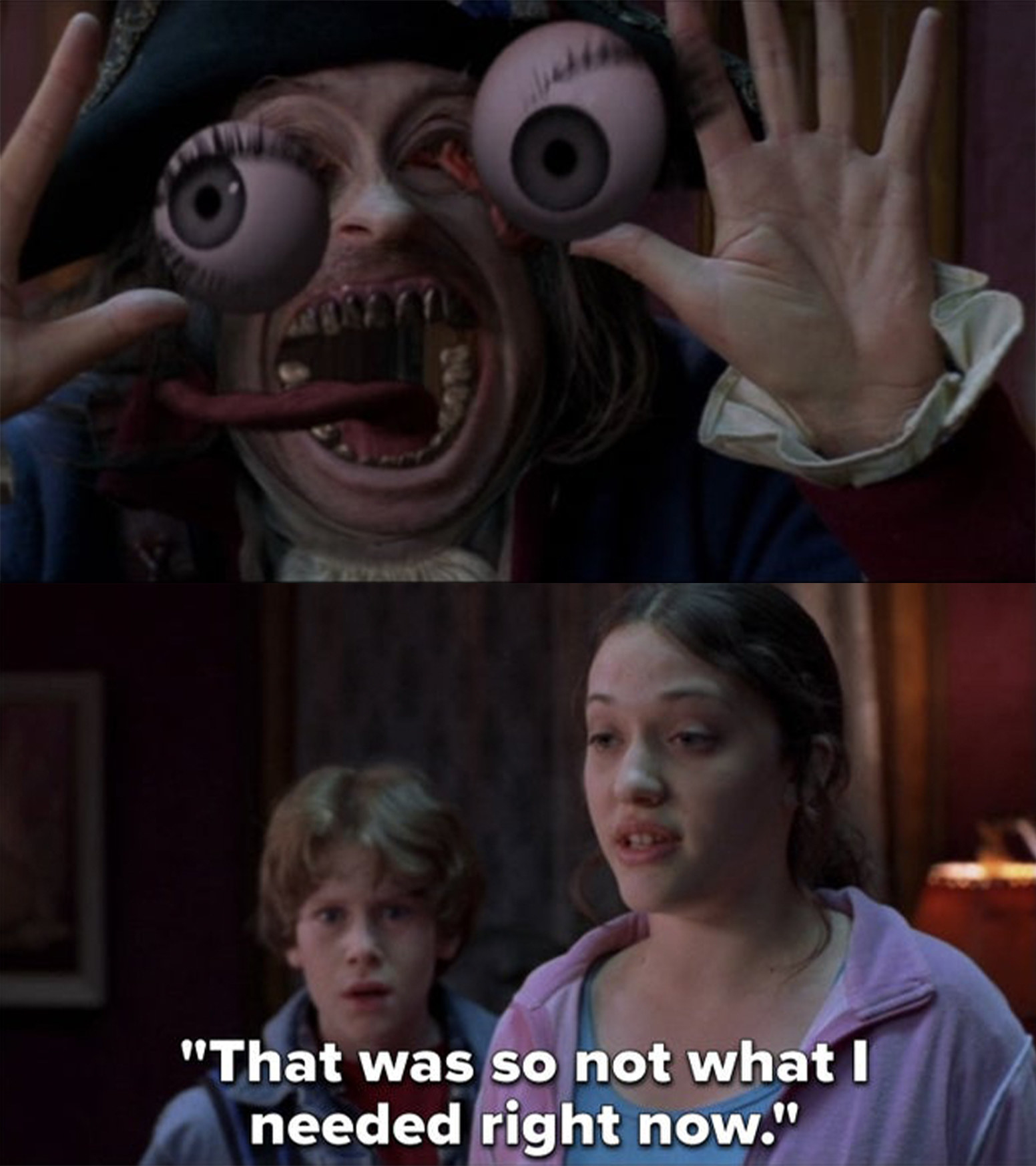 Top: Eric Idle as Coffin Ed holds his palms up beside his head while his eyes bulge out and his open mouth reveals the hallway behind him while his tongue sticks out in &quot;The Scream Team&quot; Bottom: Kat Dennings as Claire Carlyle expresses reservations