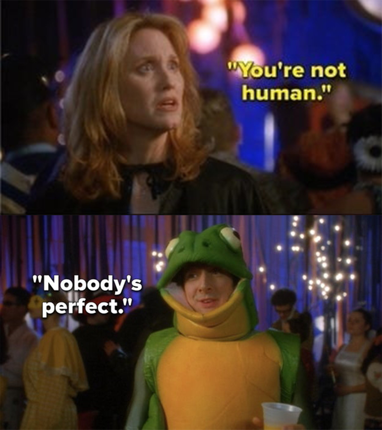 Top: Judith Hoag as Gwen Piper discovers that her date is a golem and expresses disbelief in &quot;Halloweentown II: Kalabar&#x27;s Revenge&quot; Bottom: Peter Wingfield as Alex, dressed as a frog, acquiesces to Gwen&#x27;s statement in &quot;Halloweentown II: Kalabar&#x27;s Revenge&quot;