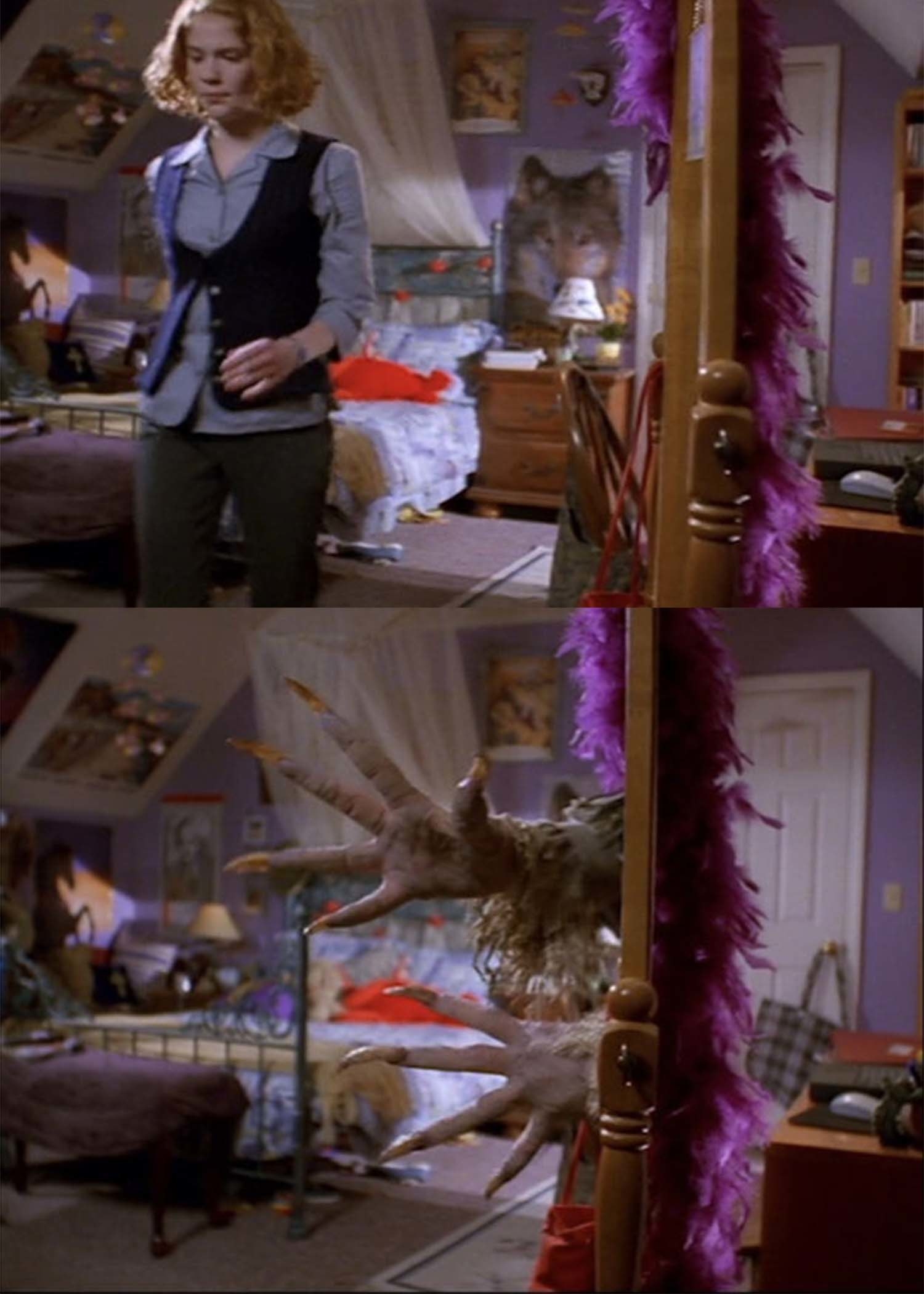 Top: Erin Chambers as Frances leaves her bedroom and walks past a mirror in &quot;Don&#x27;t Look Under the Bed&quot; Bottom: A shriveled pair of hands with long fingernails protrudes the mirror with no one behind it as it reaches out in &quot;Don&#x27;t Look Under the Bed&quot;