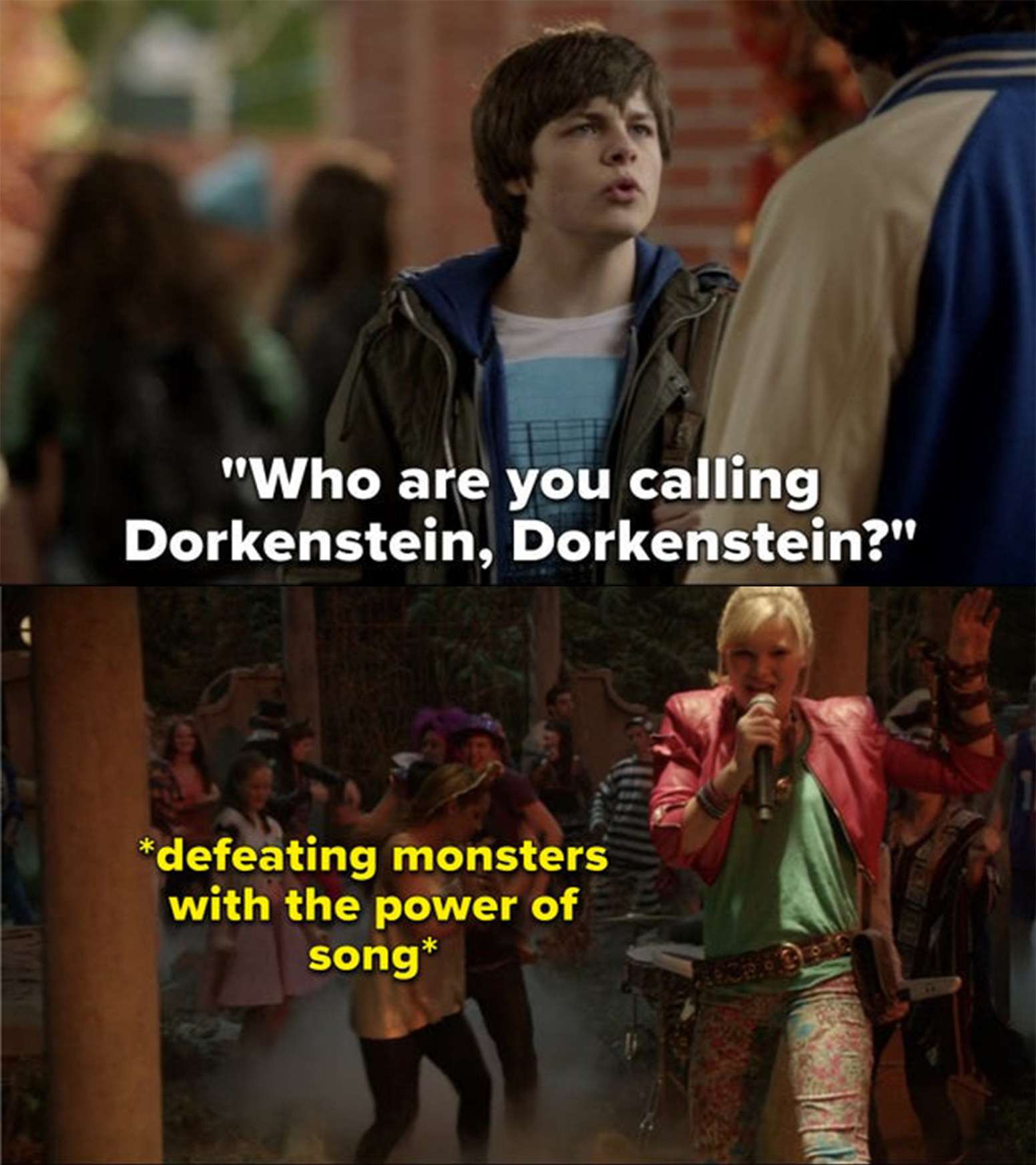 Top: Brendan Meyer as Henry stands up to his bully in &quot;Girl vs. Monster&quot; Bottom: Olivia Holt as Skylar sings into a microphone and raises her arm up at an outdoor party as costumed guests dance in the background in &quot;Girl vs. Monster&quot;