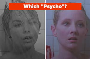 Two women are in the shower looking hysterical with "Which "Psycho"? written above them