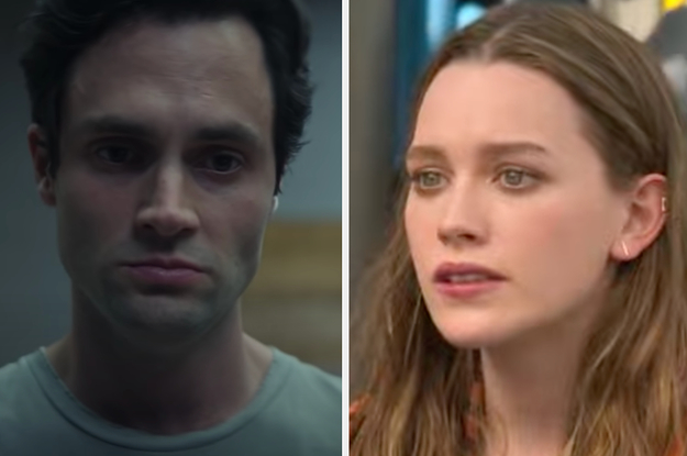 Joe Goldberg is on the left frowning with love Quinn on the right