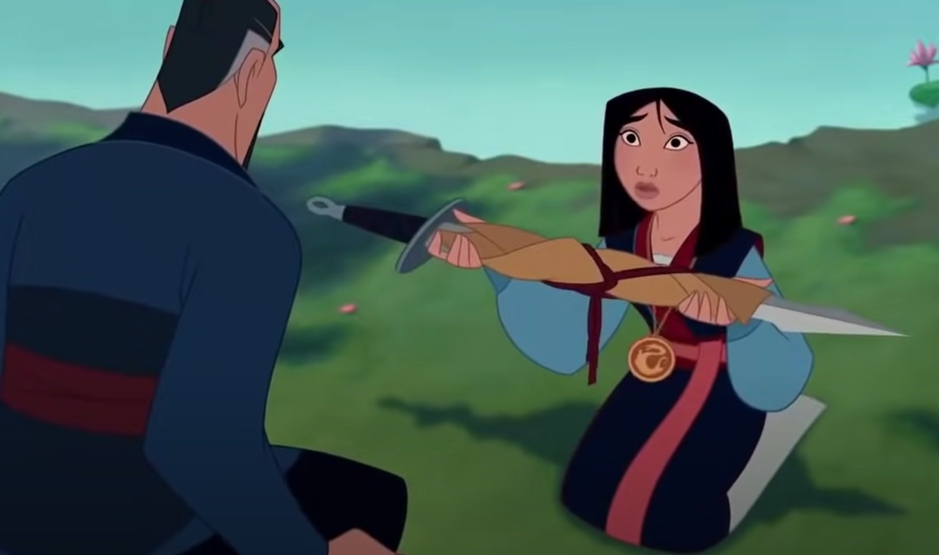 Mulan presenting the sword to her father