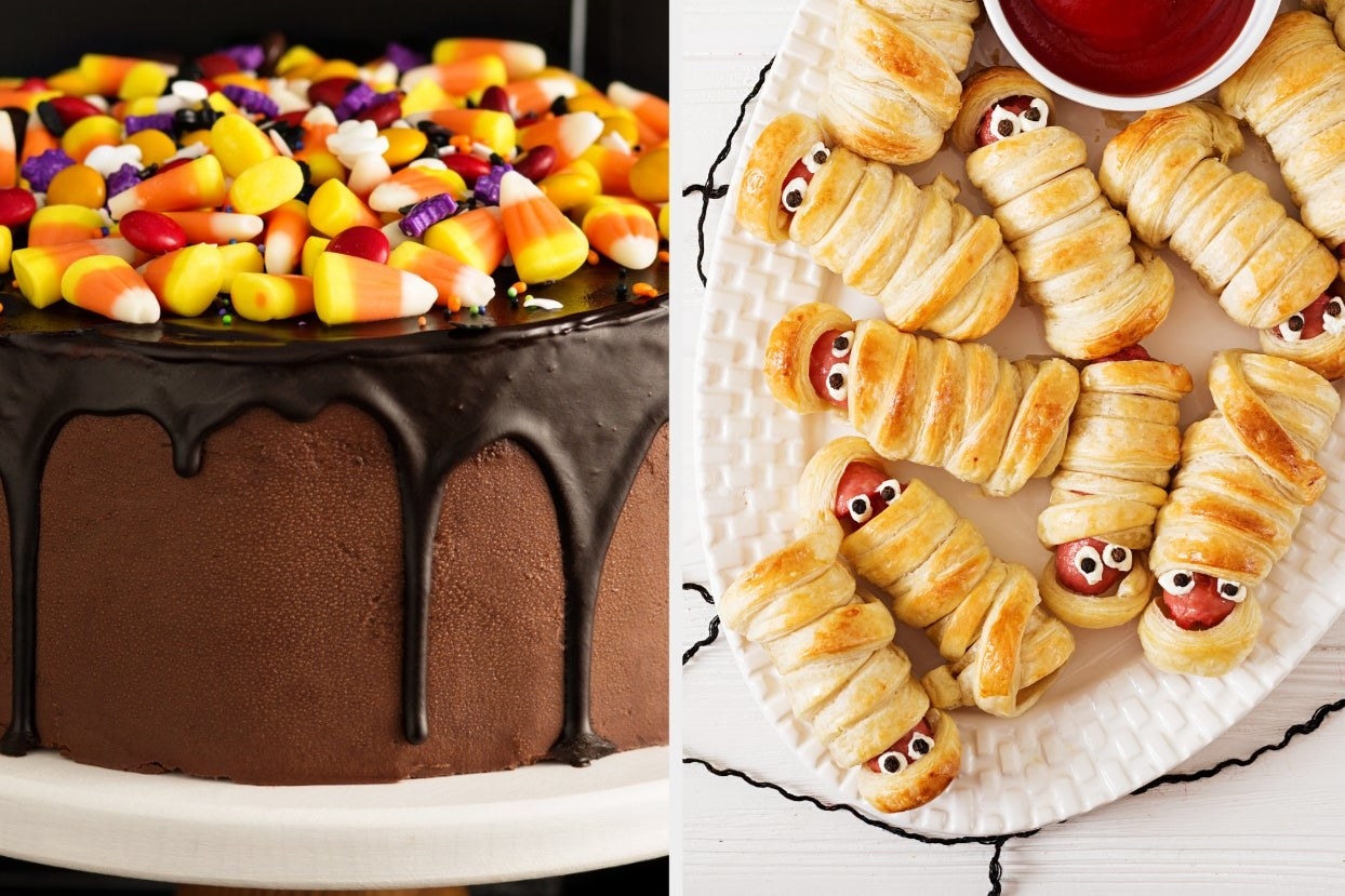 Spooky cake and spooky pigs in a blanket