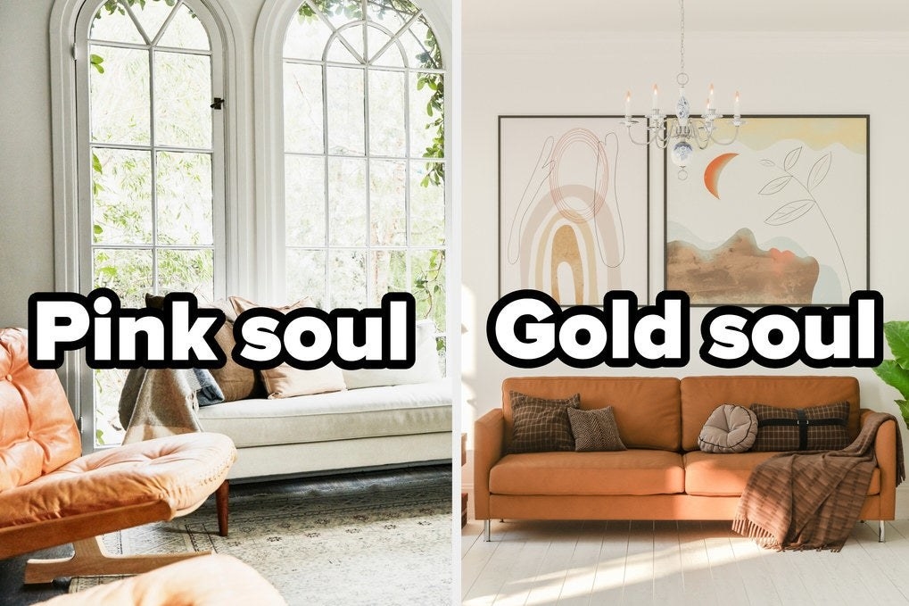 Pink soul with white couch and tall windows; gold soul with peach couch and soft paintings