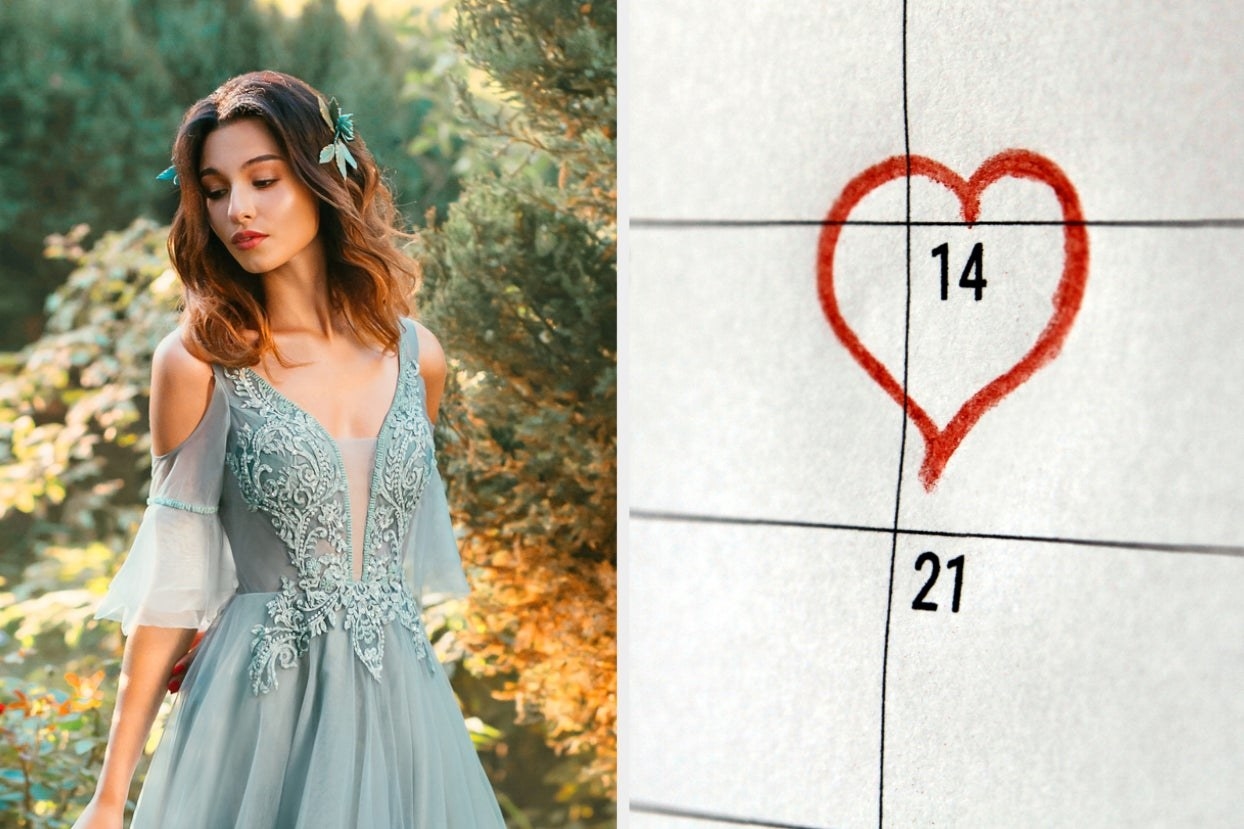 Woman in pretty green dress / Calendar with heart around the 14th