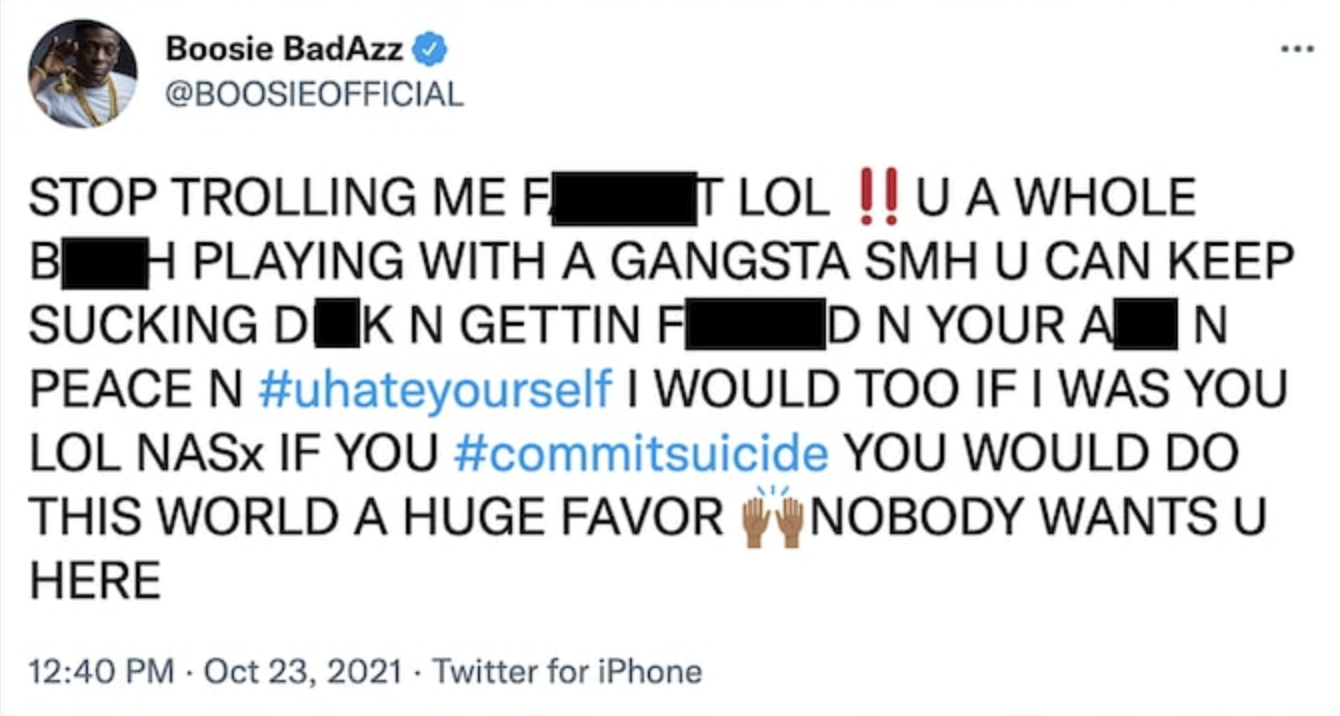 Anti-gay text, including, &quot;Stop trolling me, f*ggot, u a whole bitch playing with a gangsta&quot;