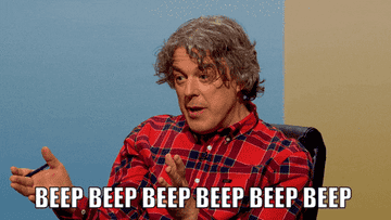 ALan Davies in a red checkered shirt captioned &quot;Beep beep beep beep beep beep&quot;.