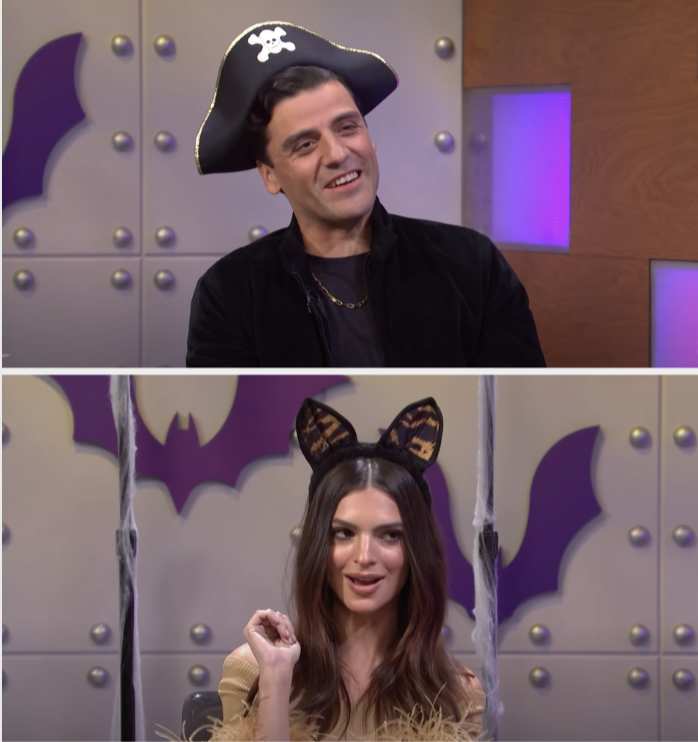 Oscar wearing a pirate hat and Emily in a cat-ears costume