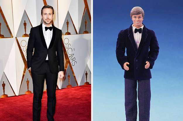Ryan Gosling in a suit side by side with a Ken doll in a suit
