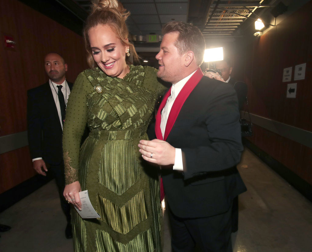 Adele and Grammy Awards host James Corden attend the 59th Grammy Awards