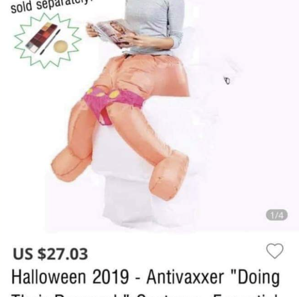 woman in anti-vaxxer/ivermectin costume with inflatable toilet and legs that show she&#x27;s pooping