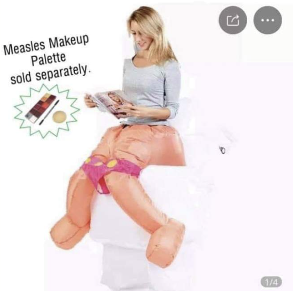 woman in anti-vaxxer/ivermectin costume with inflatable toilet and legs that show she&#x27;s pooping