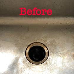 reviewer before image of a dirty stainless steel sink