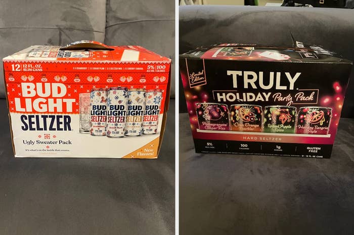 a pack of bud light ugly sweater seltzers, then a pack of truly holiday seltzers