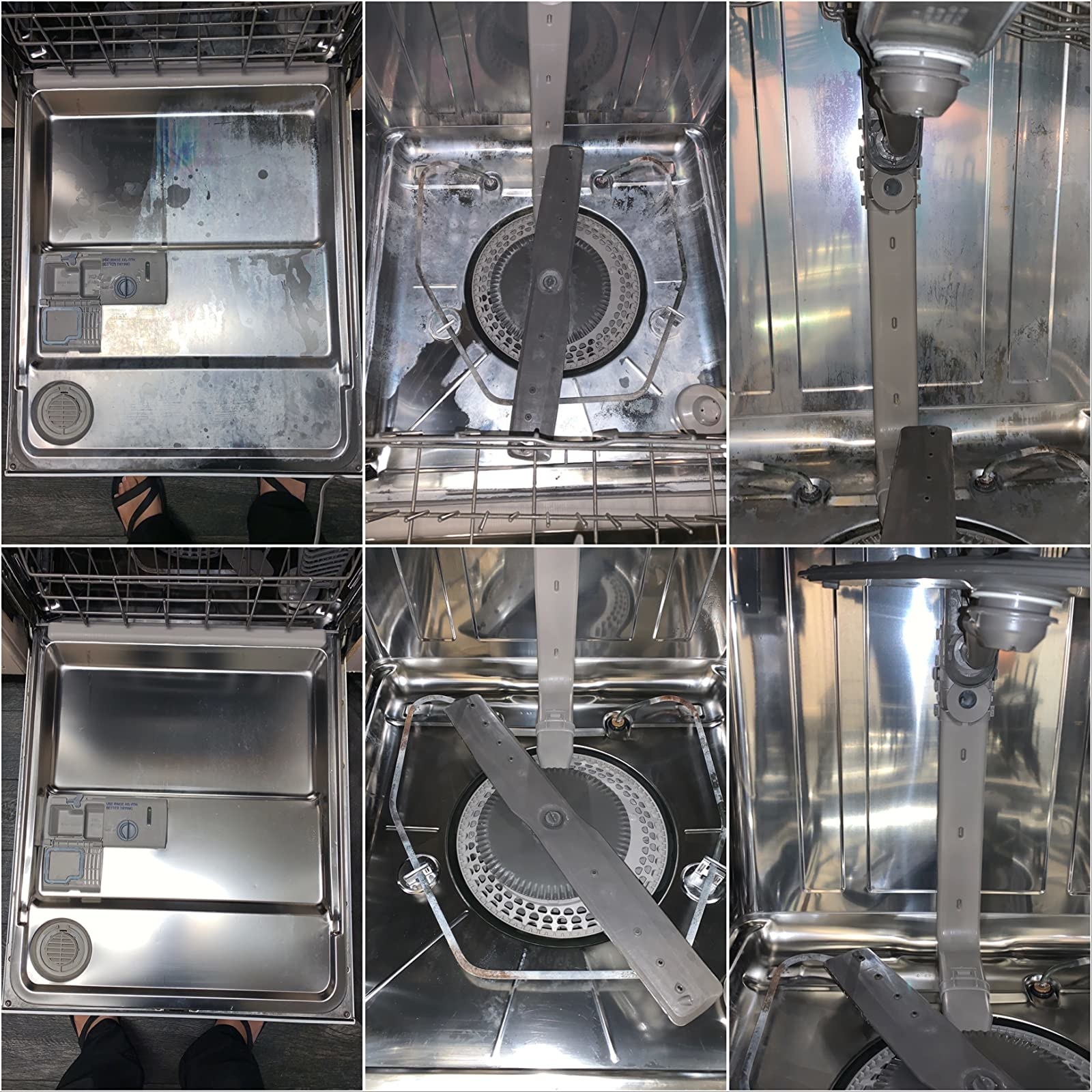 six side by side before and after reviewer images of a dirty dishwasher becoming clean