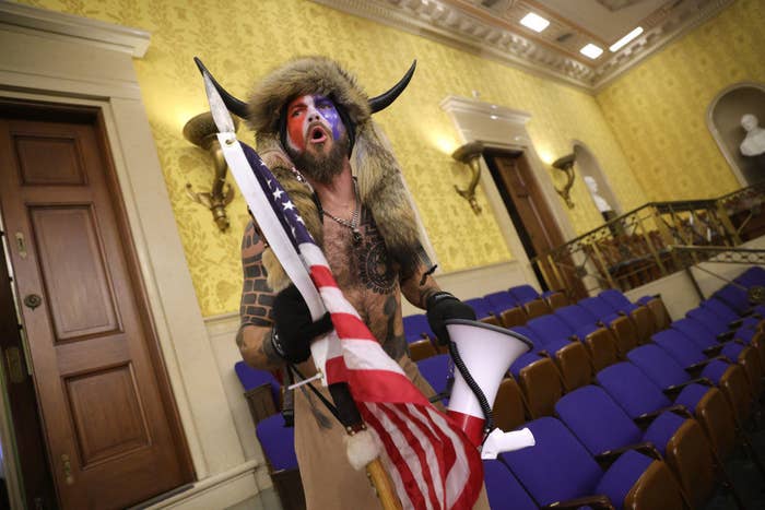 Capitol insurrectionist with American flag and a fur and horns hat