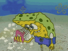 Spongebob using his very long eyelashes to clean something