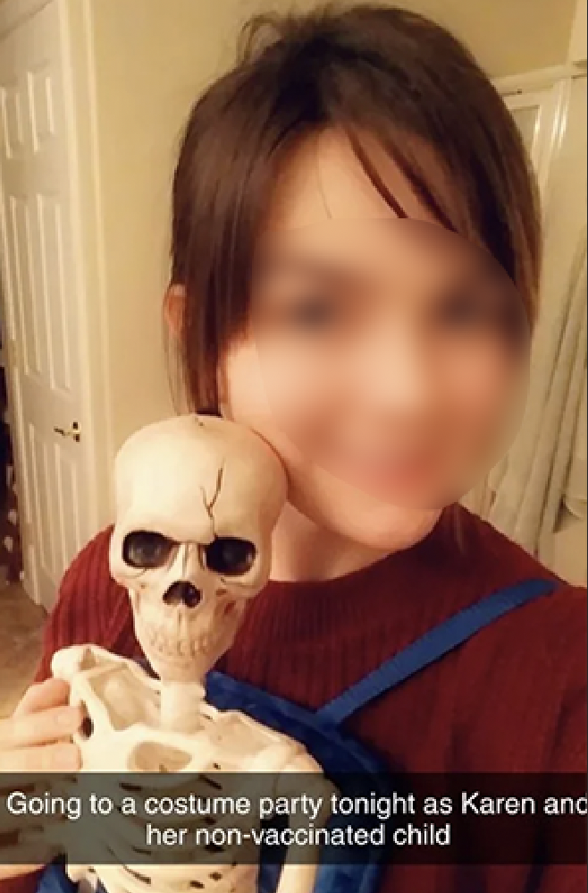 woman dressed as a &quot;karen&quot; and her non-vaccinated child (a skeleton)