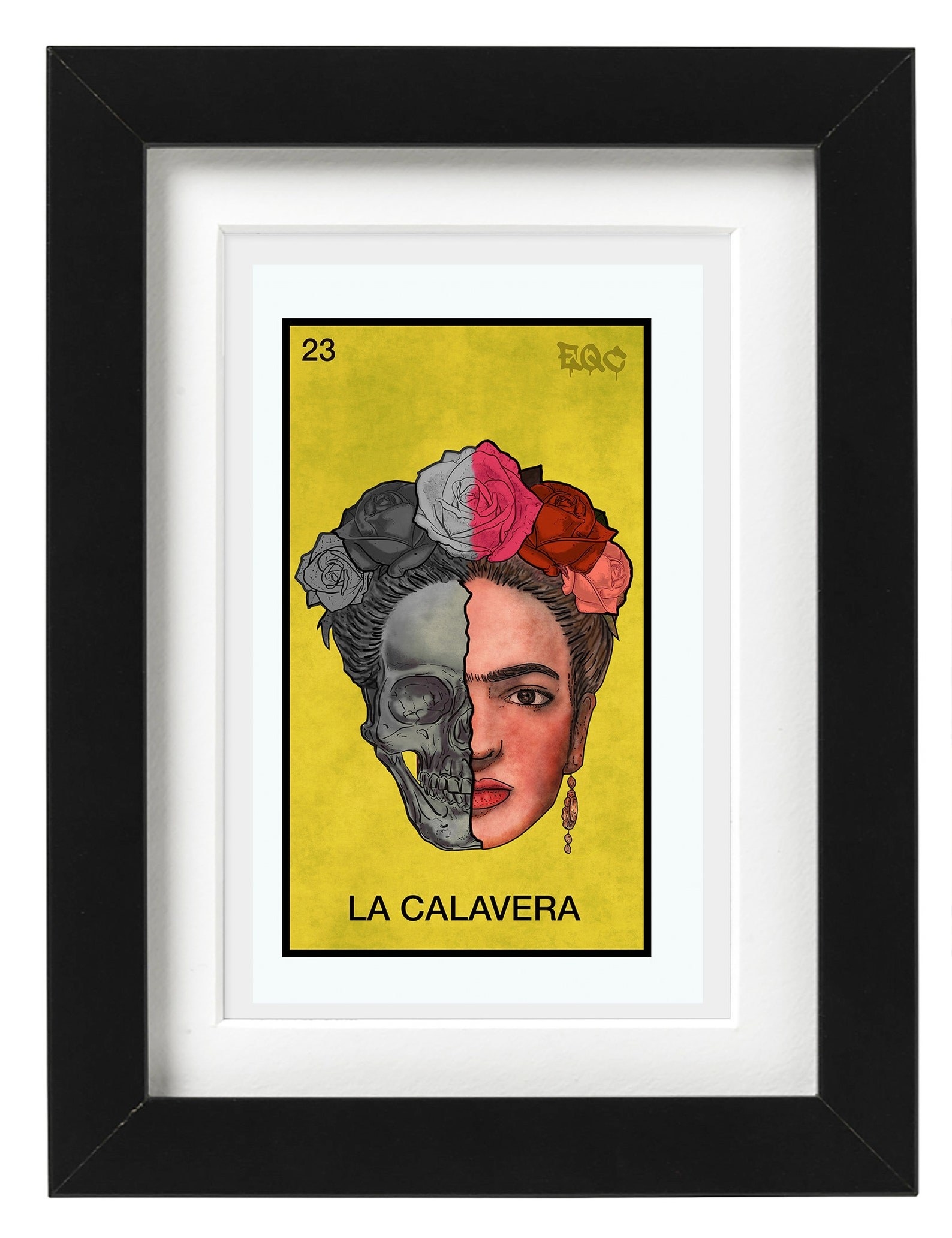 a wall print of Frida Kahlo with half her face, and half the face of a skull. there is text at the bottom of the print that reads "la calavera." The print is against a yellow background.