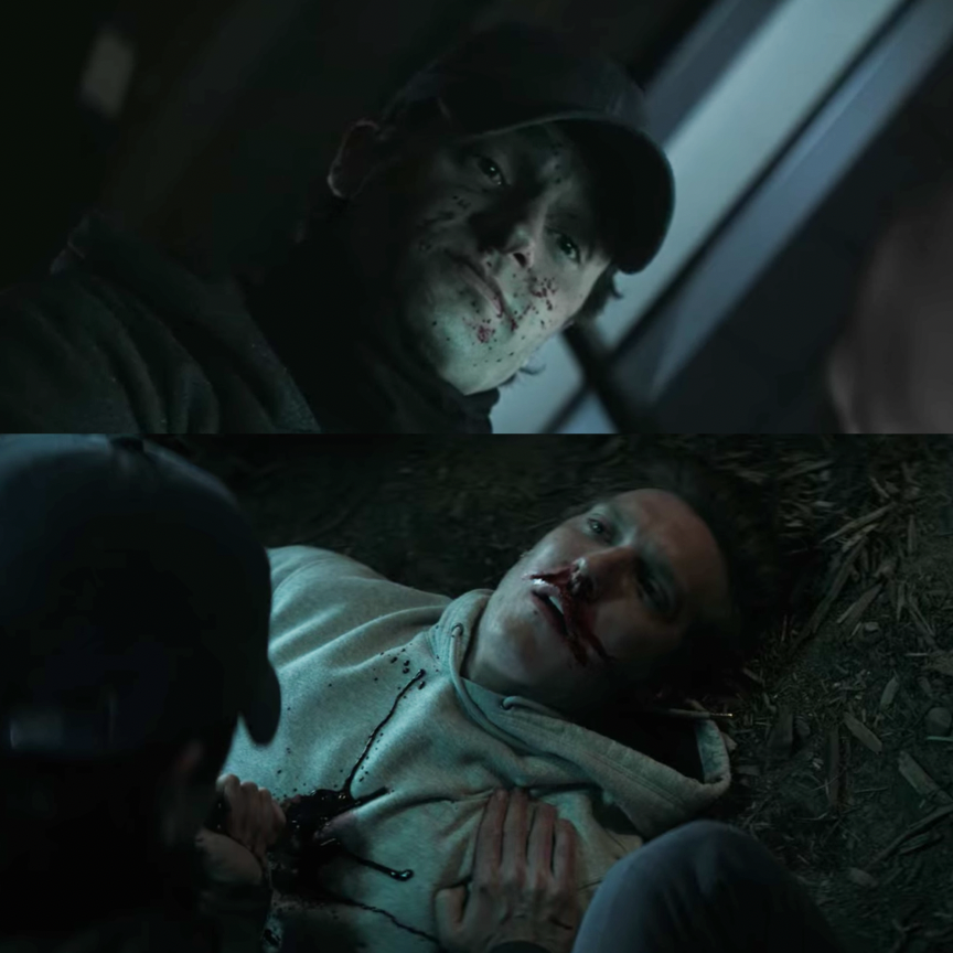 A close up of Joe with blood splattered on his face and a close up of Ryan as he begins to bleed from the nose and chest after being stabbed