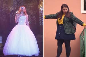Sam's ballgown in A Cinderella Story and Molly's blazer, mini skirt outfit in Booksmart