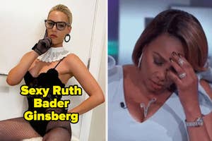 Sexy Ruth Bader Ginsberg costume and a woman putting her head in her hands in disappointment