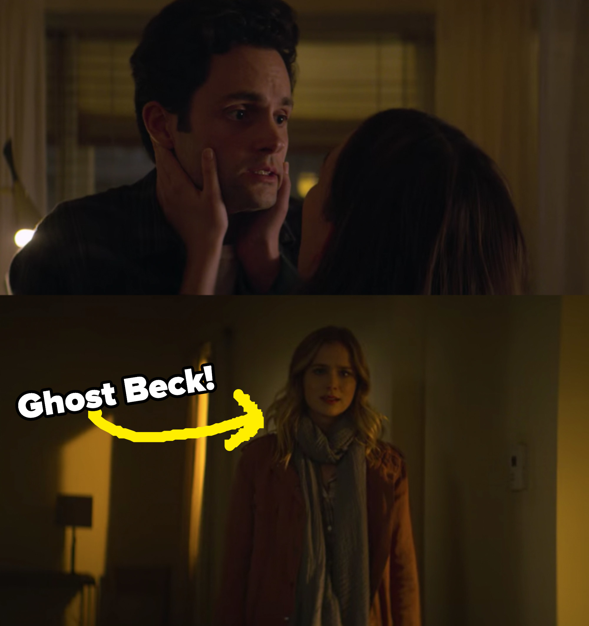 Love holds Joe&#x27;s face as he looks off to the side to see a version of ghost Beck standing in the corner