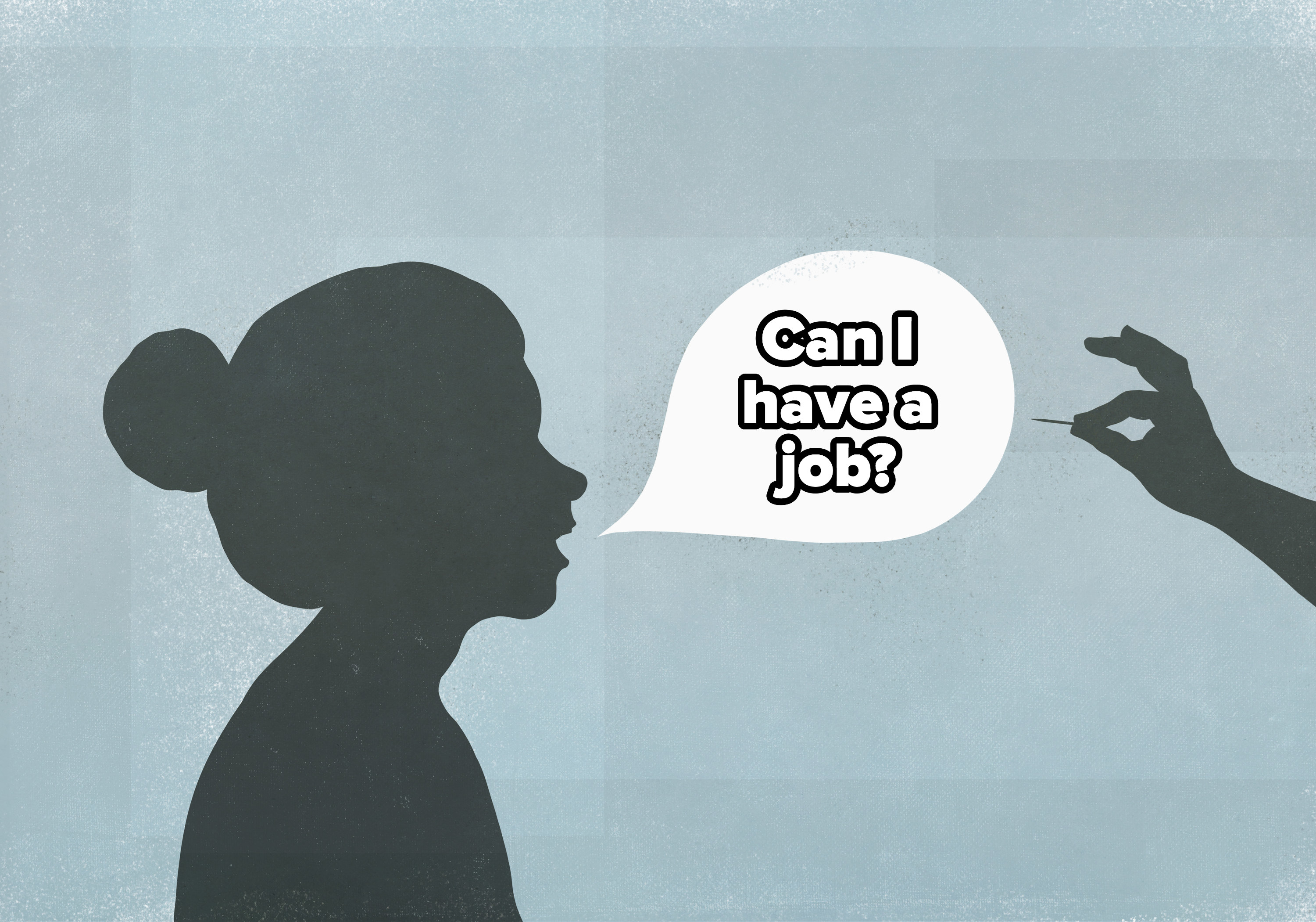 An illustration of someone saying Can I have a job?