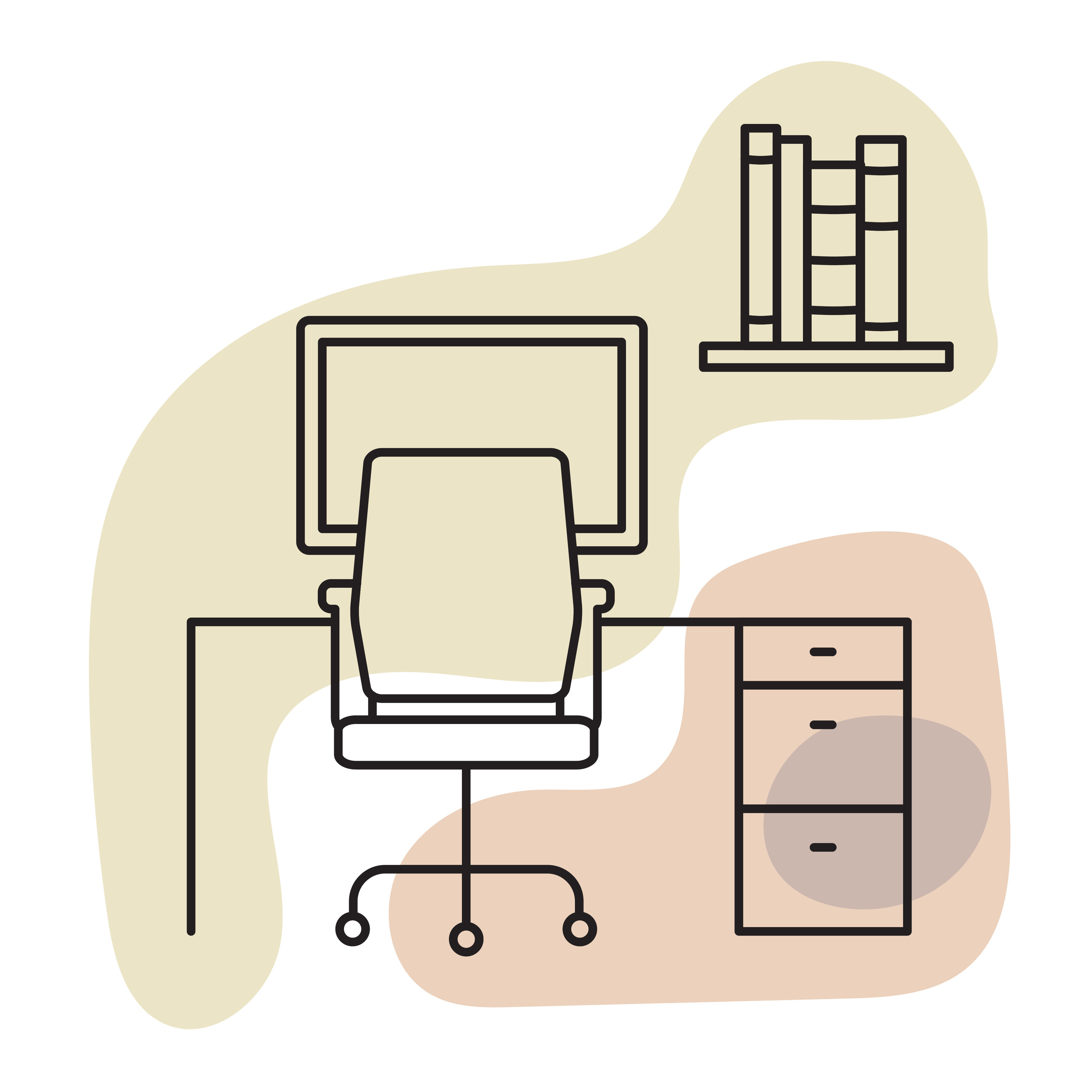 A drawing of an office desk and computer