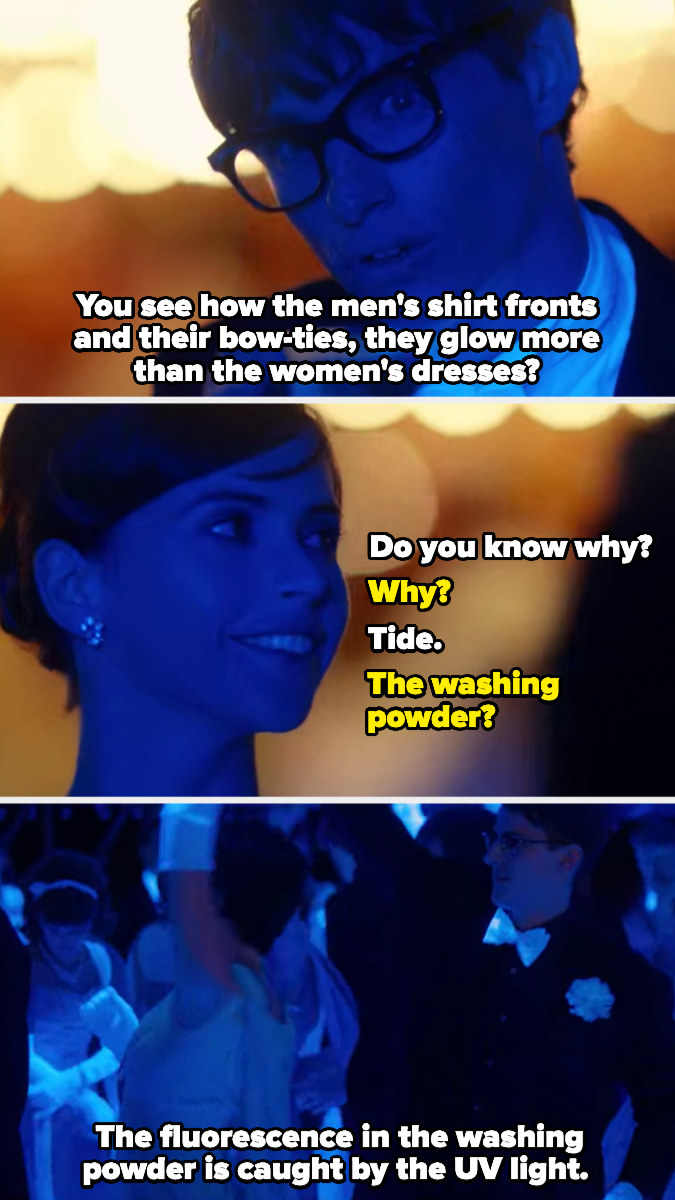 Stephen explains that the men&#x27;s shirts are glowing more brightly than the women&#x27;s dresses in the UV light because of Tide washing powder