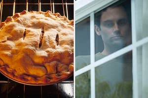 a pie on the left and joe looking through a window on the right