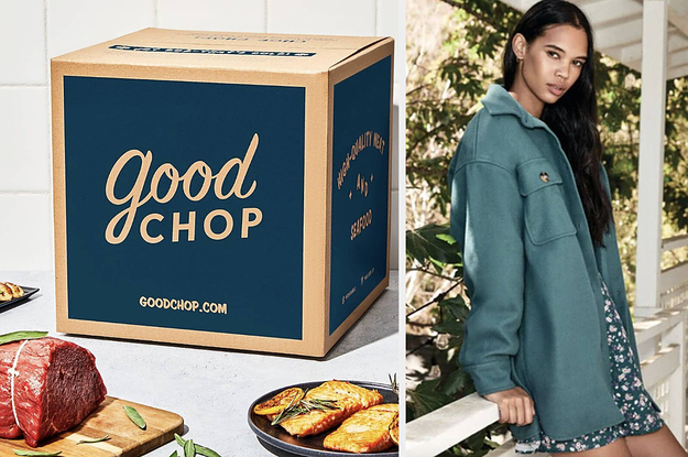 a Good chop box; a model in a teal shacket