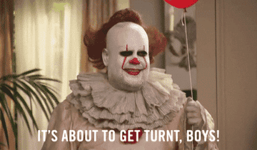 James Corden dressed as Pennywise the clown saying, &quot;It&#x27;s about to get turnt, boys&quot;