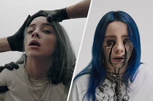 Several hands hold Billie Eilish's head back and a close up of Billie Eilish with dark tears runs down her face