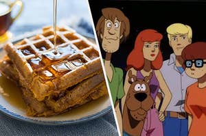Syrup is being poured on a stack of waffles and the Scooby-Doo gang look into the camera