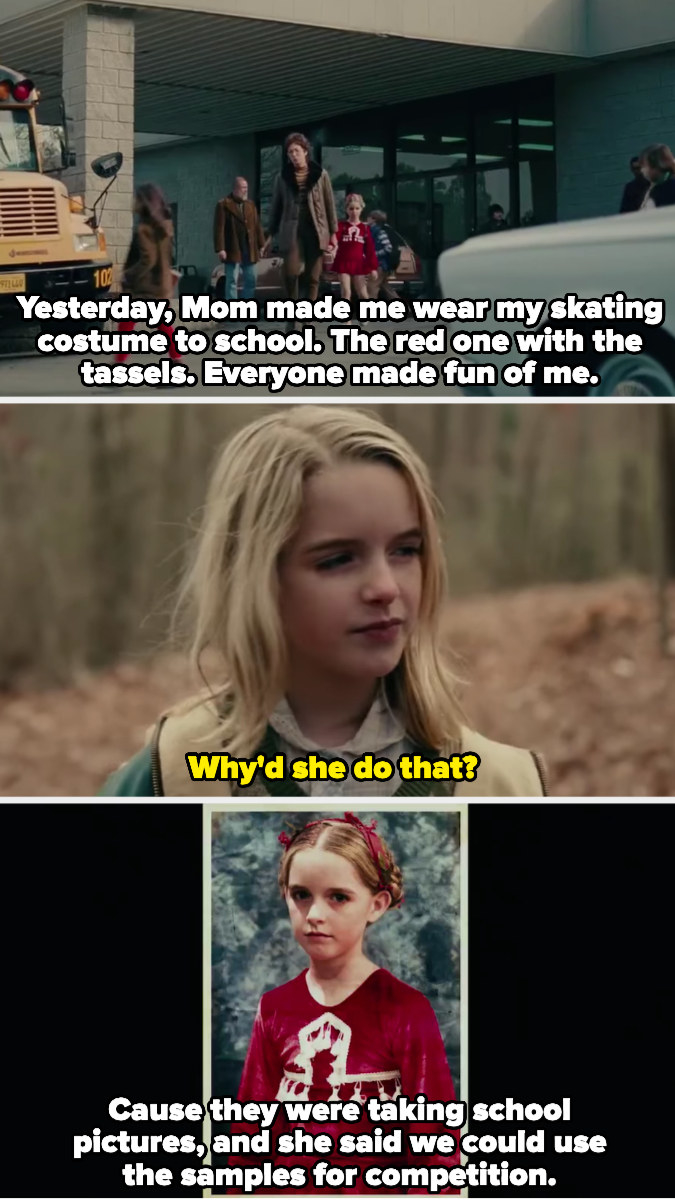 A young Tonya explains to her father that everyone made fun of her when she wore the costume