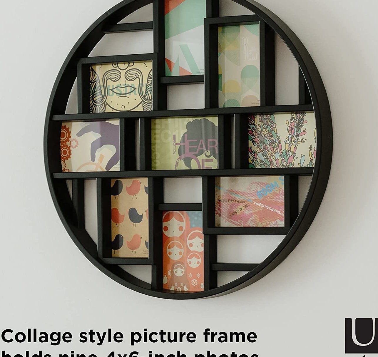 a circular gallery picture frame hung on a wall