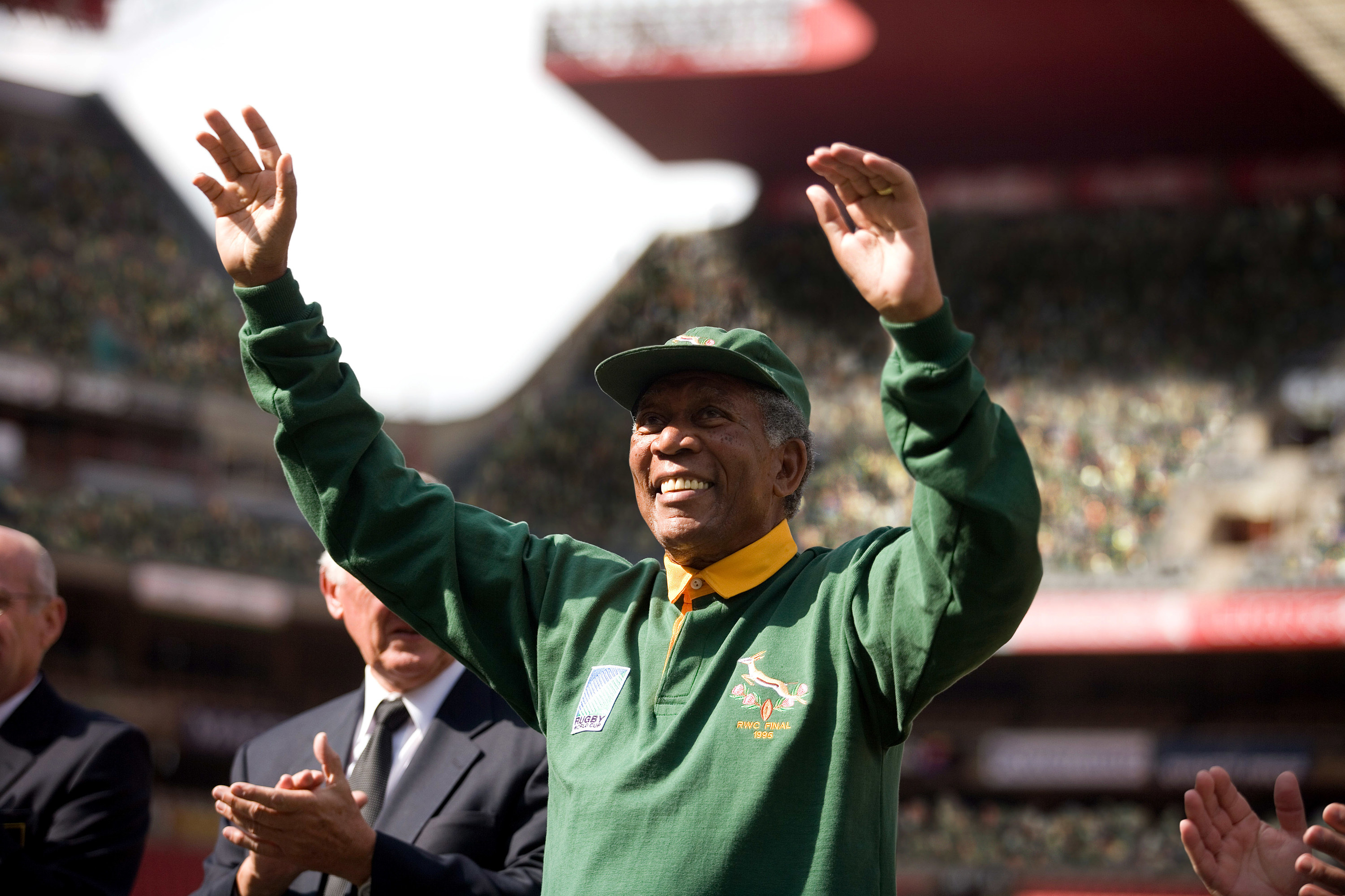 Mandela greets fans in a Springbok jersey