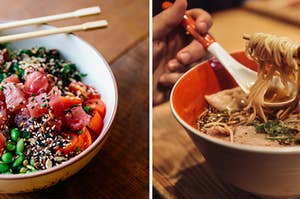 A bowl of poke is on the left with a bowl of ramen on the right